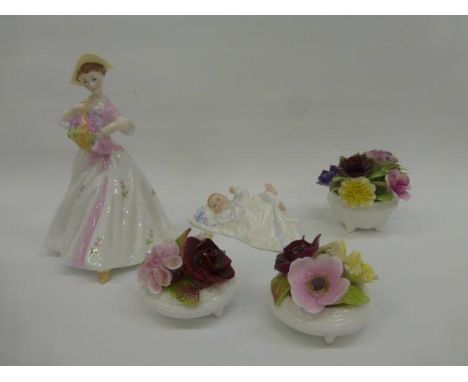 A pair of Coalport ceramic flower posies, a Royal Adderley floral posy, a Royal Doulton figure 'New Baby' HN 3713 and a Royal