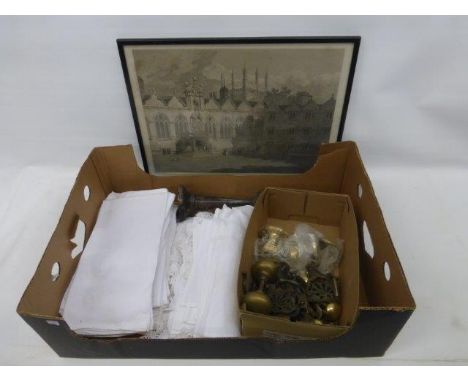 A box of assorted table linen, antique brass drawer, door handles and a James Basue etching, a View of the Chapel and Hall of