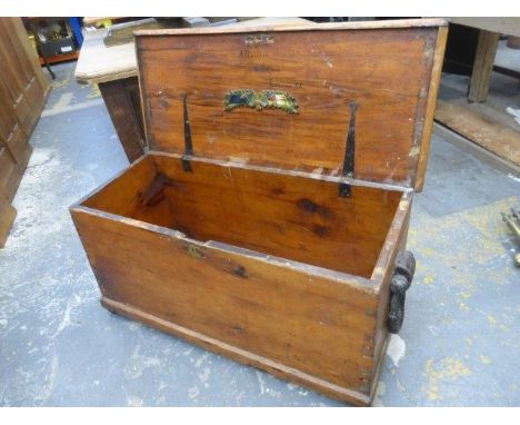 A large Continental stained pine trunk with rope handles. 