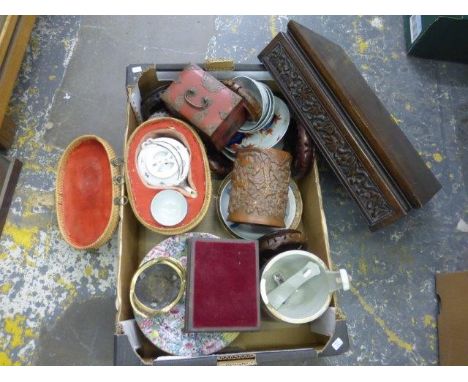 A box of assorted Oriental wooden, ceramic and brass collectables including a cased wicker teapot, a tea cup and a travel cas