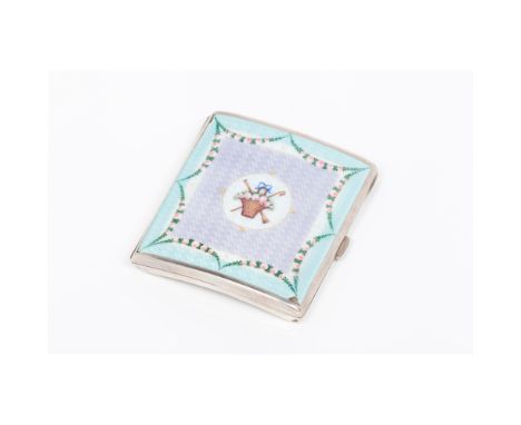 A cigarette caseEuropean silverGuilloche and enamelled decoration to cover with garlands and flower basketUnmarked in accorda