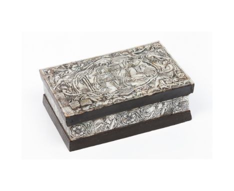 A  box with coverSgrafittoed mother-of-pearl coated olive wood depicting The Annunciation and the Four EvangelistsPalestine, 