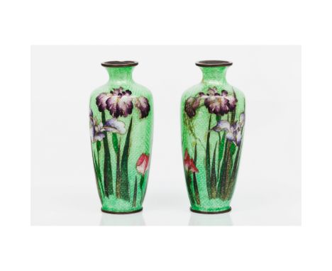 A pair of Art Nouveau vasesMetal Simulated cloisonne enamel floral decorationHeight: 15cm 