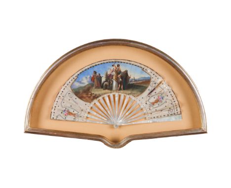 A fanMother-of-pearl framePainted silk leaf of country scene cartouche with animals and figuresEurope, 18th / 19th century(lo