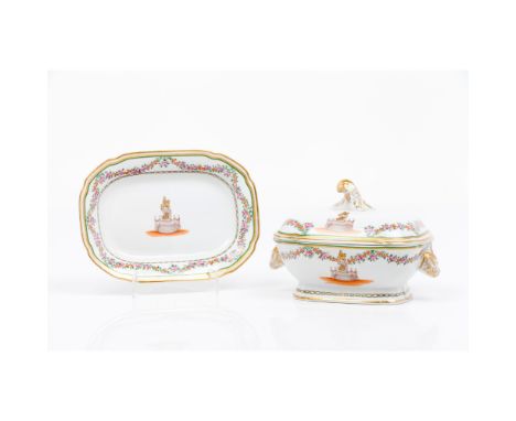 A small tureen with cover and tray"Oficina Real" porcelain factoryPolychrome and gilt Chinese export porcelain style decorati