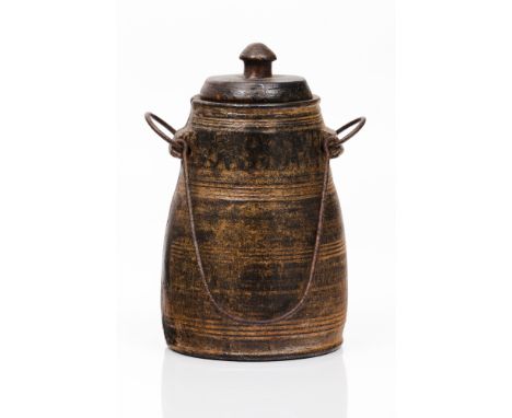 A tea caddy and coverBlack angelim woodStriated bands decoration and articulated iron handleIndia, Kerala(losses and faults)H