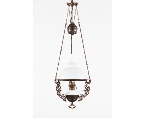 A ceiling lightMetal frame with milk glass shade and fuel vesselHeight: 94 cm 
