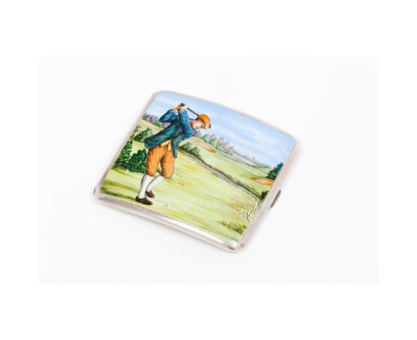 A cigarette caseEnglish silverGuilloche decoration to back and enamelled front with golf playerBirmingham assay-mark 1935/36 