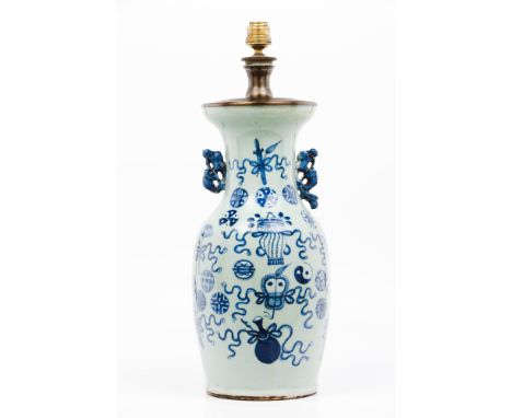 A  vaseChinese porcelainBlue decoration of Buddhist objects and symbolsQing dynasty, 19th century(adapted to lamp)Height: 42 
