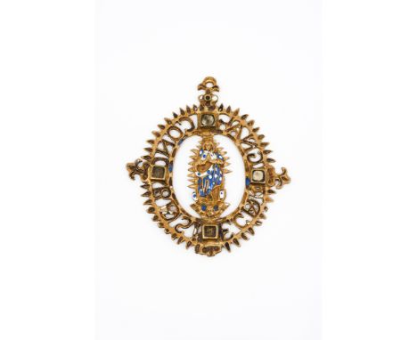 A pendantYellow metalPolychrome enamel decoration with The Virgin MarySpain, 16th / 17th century(signs of wear, losses and fa