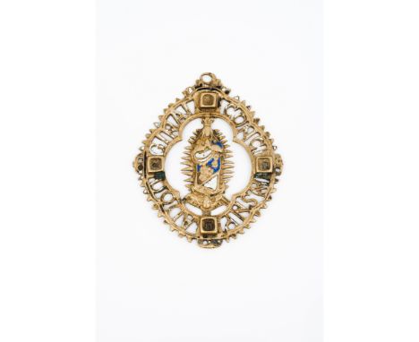 A pendantYellow metalPolychrome enamel decoration depicting the Virgin MarySpain, 16th / 17th century(signs of wear, losses a