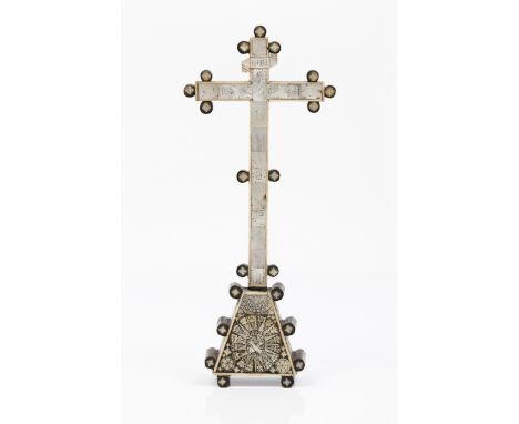 A Holy Land crossOlive wood Coated in mother-of-pearl plaques depicting The Crucifixion, The Holy Father and the Dove of The 