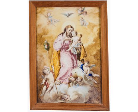 Saint Joseph and The ChildGlazed ceramic plaquePolychrome decorationEurope, 19th century(hairline)53x36cm