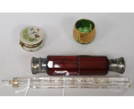 Two Victorian glass scent bottles and two other items, comprising an enamelled glass 'lachrymatory tear catcher' and stopper 