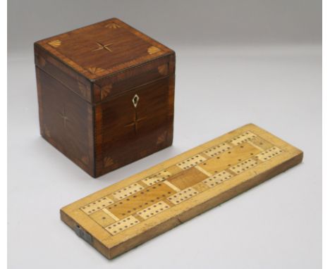 An inlaid tea caddy and a cribbage board caddy width 11cm height 13cm