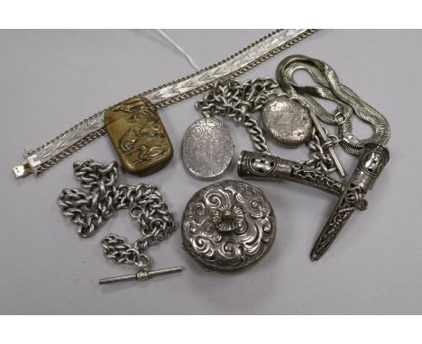 Two silver alberts, two white metal nail guards, two silver lockets including Victorian and other items including Chinese bas