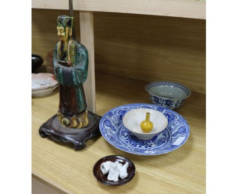 A group of Chinese ceramics including a Kraak dish and a lamp lamp height 64cm