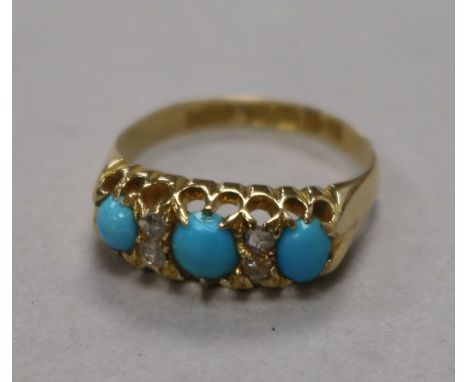 An Edwardian 18ct gold, turquoise and diamond ring, size L.