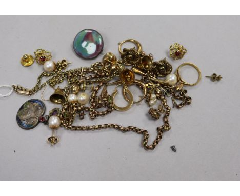Two chains, 9ct and yellow metal and a quantity of assorted gold ear studs including gem set and other items including silver