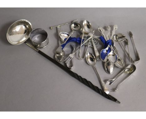 A Georgian silver toddy ladle, a silver napkin ring and a small group of silver flatware.