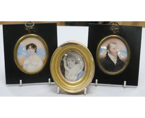 A group of three oval miniature portraits, two by E. Taylor (fl. 1802-1830), one of a lady, signed and dated 1815, the other 