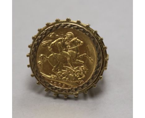 A 1903 gold full sovereign mounted in a 9ct gold ring mount, size Q.