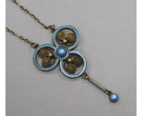 An early/mid 20th century Norwegian 930 white metal gilt and enamel drop pendant necklace, pendant 42mm.
