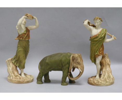 Two Royal Worcester blush figures and a similar elephant