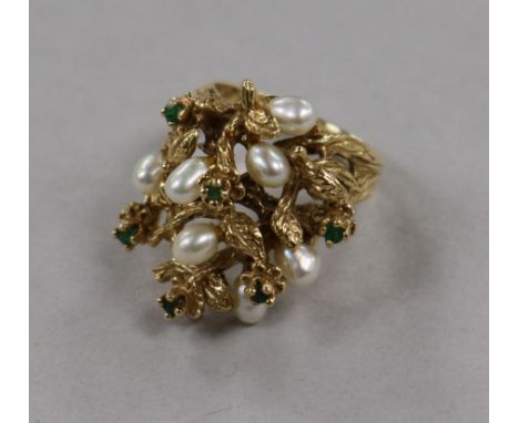 A 1970's? 14ct gold, cultured pearl and emerald set rustic dress ring, size M.