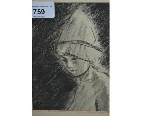 Charcoal drawing, head and shoulder portrait of a young lady, monogrammed L.K., 6.5ins x 5ins 