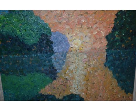 Impressionist style oil on panel, sunset across a wooded lake, 10.5ins x 13.5ins 