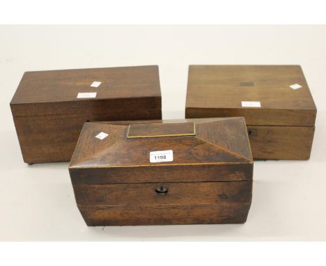 19th Century rosewood sarcophagus shaped tea caddy and a rectangular mahogany tea caddy (interiors lacking), together with a 
