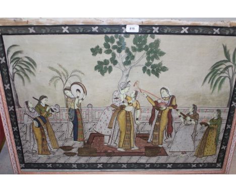 Indian Moghul style painting on linen, figures in a landscape, 33ins wide x 21ins, together with another similar, figures on 