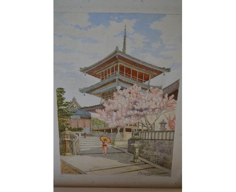 Ella Du Cane, two unframed watercolours, figures by Japanese temples, one signed, largest 13ins x 9insSome foxing and a stain