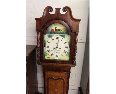 George III oak mahogany banded and shell inlaid longcase clock, the arched hood with swan neck pediment above panel door flan