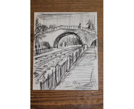Michael Andrews, a charcoal sketch on paper, bridge over a railway line, signed with initials M.A., 5.75ins x 4.75ins, unfram