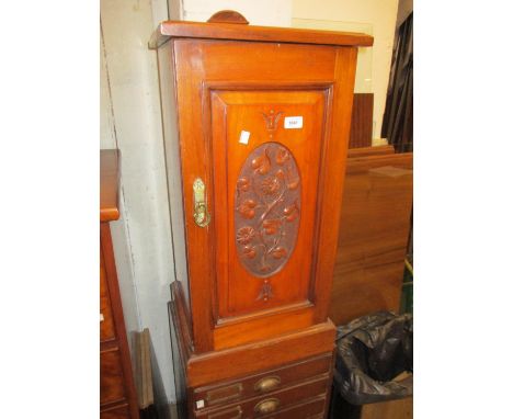 Victorian walnut bedside cabinet with a single carved panel door together with a small oak Sutherland table on bobbin turned 