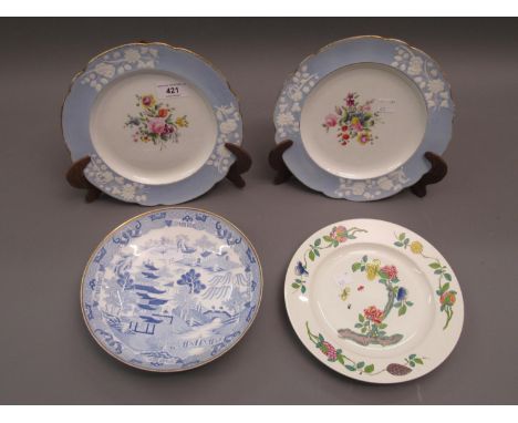 Pair of Spode plates painted with sprigs of summer flowers within pale blue and white relief moulded borders, 8.5ins diameter