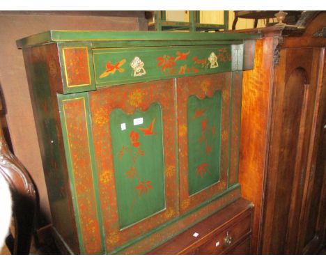 Green chinoiserie lacquer side cabinet with a single drawer above a pair of panel doors and plinth base, 36ins wide 