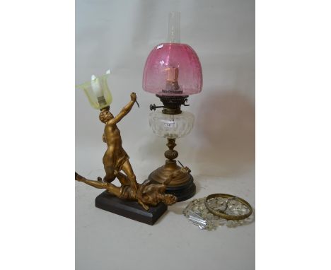 19th Century brass and cut glass oil lamp adapted for use with electricity with chimney and shade, together with a gilded spe