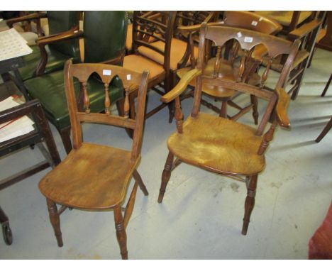 19th Century elm and fruitwood open elbow chair with triple baluster turned spindle back and panel seat, on turned supports w