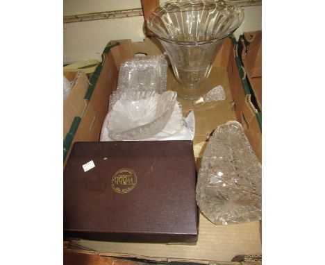Unusual heavy cut glass decanter with stopper of sloping form together with a quantity of other glass ware 