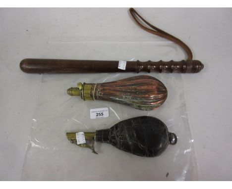 19th Century copper and brass mounted shot flask, similar leather shot flask and a hardwood truncheon 