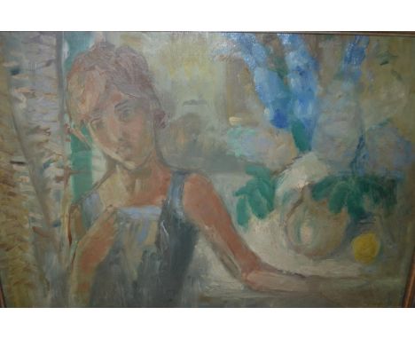 Oil on board, portrait of a young lady beside a vase of flowers, inscribed on frame plaque ' Francois Gall ', 19.5ins x 29ins