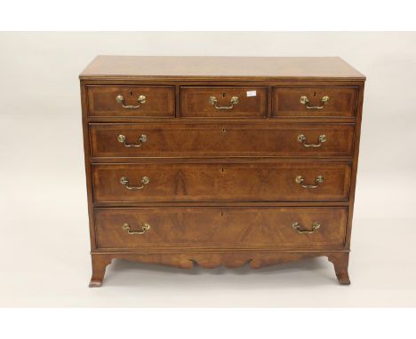 Pair of good quality figured walnut and crossbanded straight front chests, each with a reeded top above three short and three