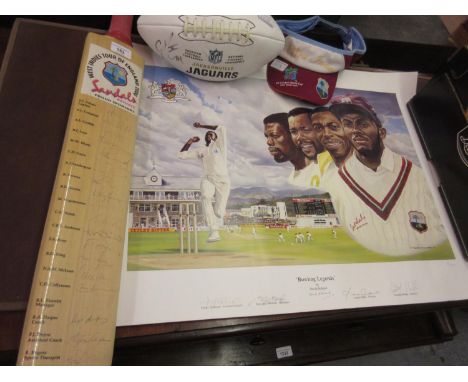 West Indies ' Tour of England 2000 ' signed cricket bat, signed American football, David Stallard signed coloured print, ' Bo
