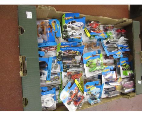Box containing various Mattel Hot Wheels blister packsThere are 47 individual Hot Wheels in this lot 
