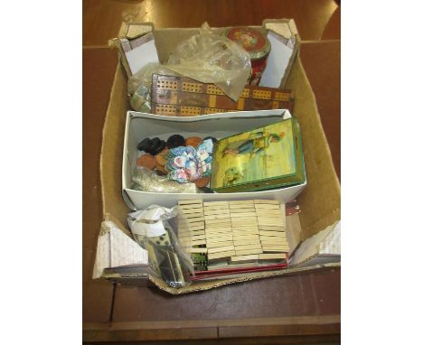 Box containing a quantity of various childrens games and toys including a bone and ebony domino set, cribbage board etc 