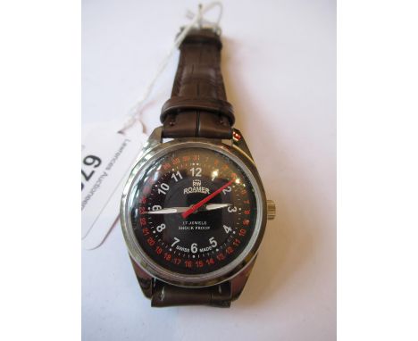 Roamer, gentleman's stainless steel wristwatch with black enamel dial, white and red Arabic numerals, on a brown leather stra