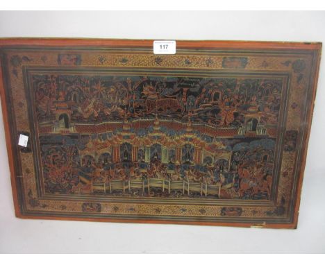 Oriental lacquer panel decorated with figures on a terrace in shades of mainly red and black, 14ins x 22ins approximately, un